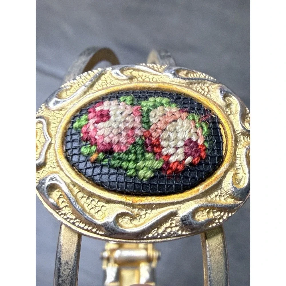 Vintage Hinged Cuff Bracelet Pink Petit Point Embroiderd Floral Victorian